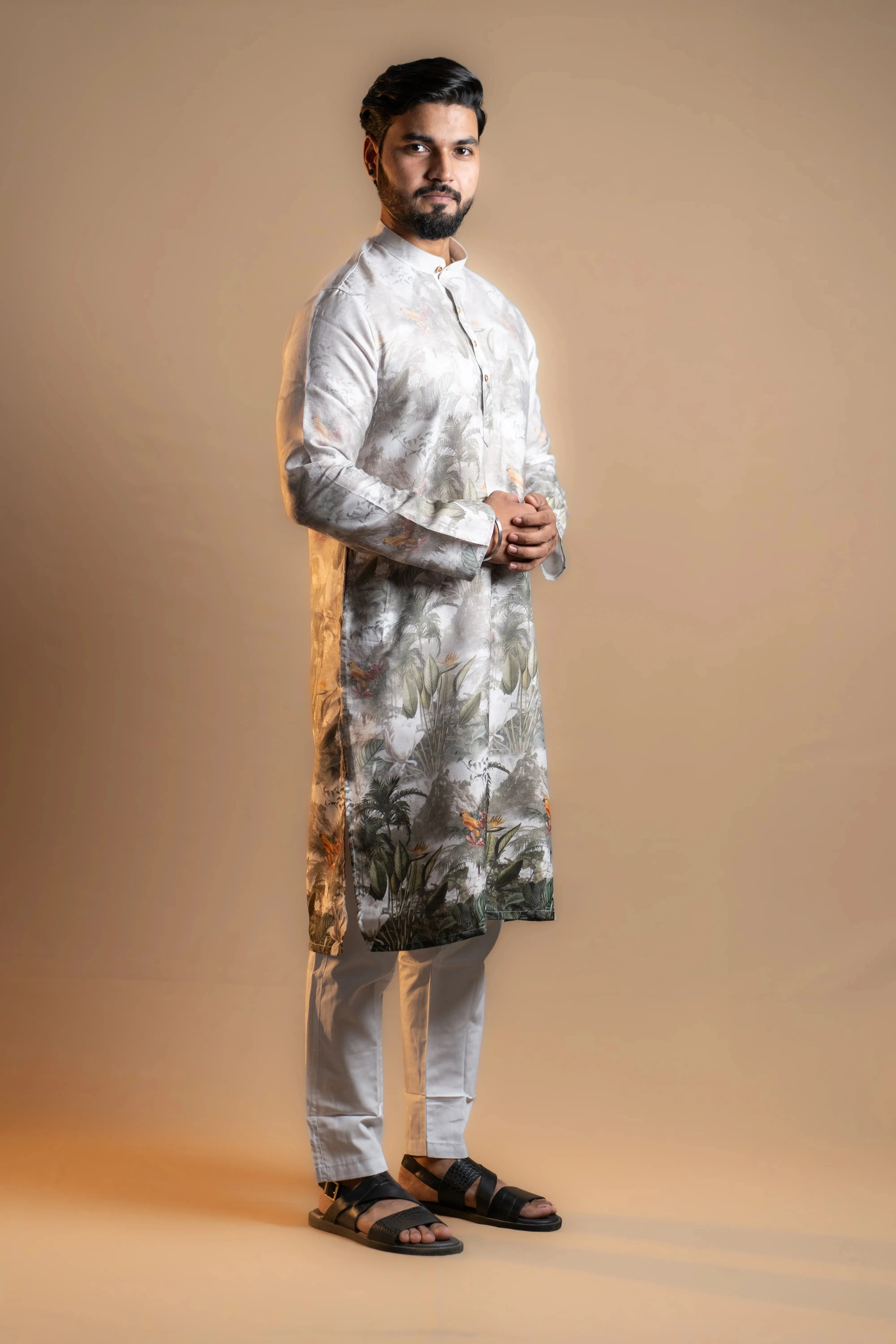 Grey Printed Kurta Set for Men