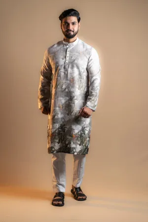 Grey Printed Kurta Set for Men