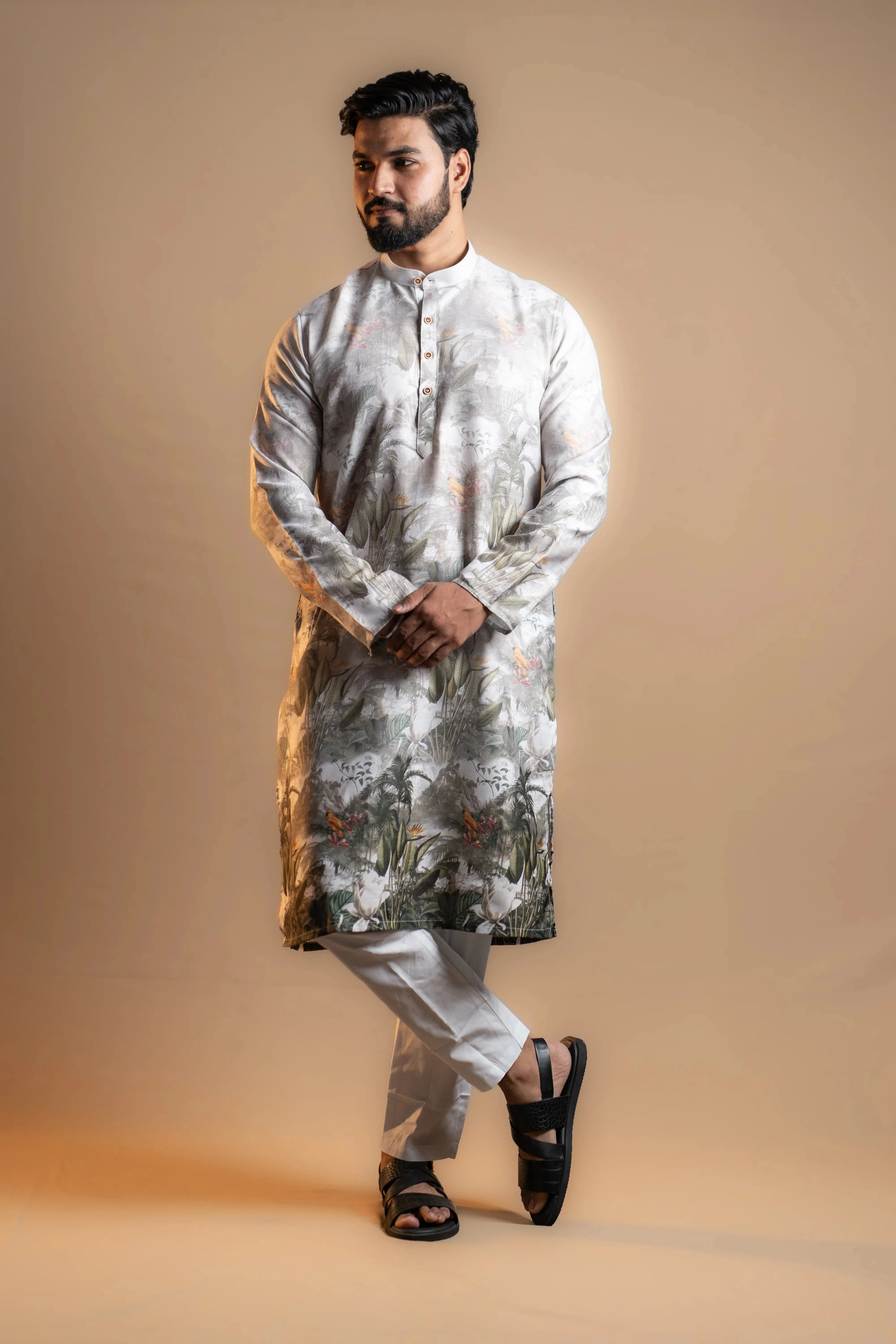 Grey Printed Kurta Set for Men