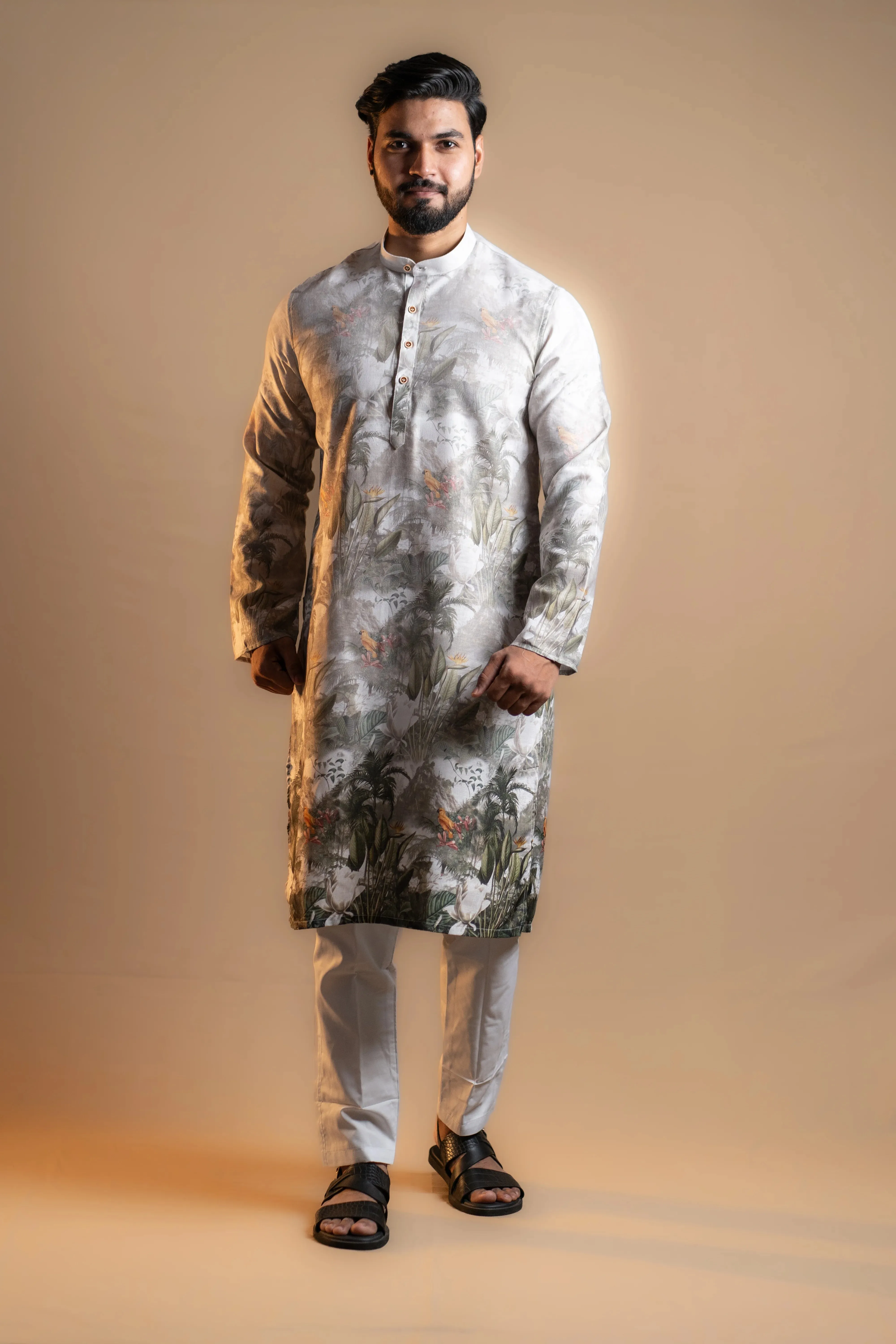 Grey Printed Kurta Set for Men