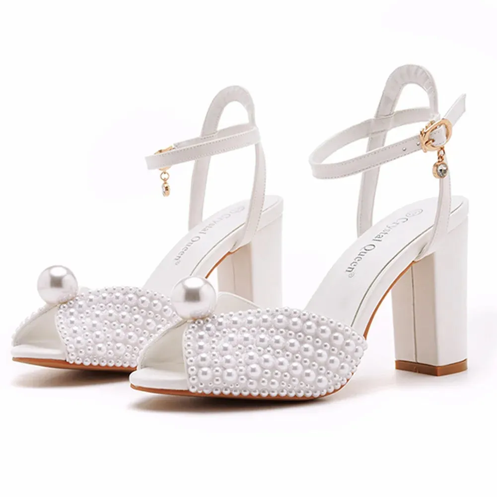 Handmade Designer Pearl-Embellished Thick Square Heel Fish Mouth Sandals for Brides, Wedding Shoes