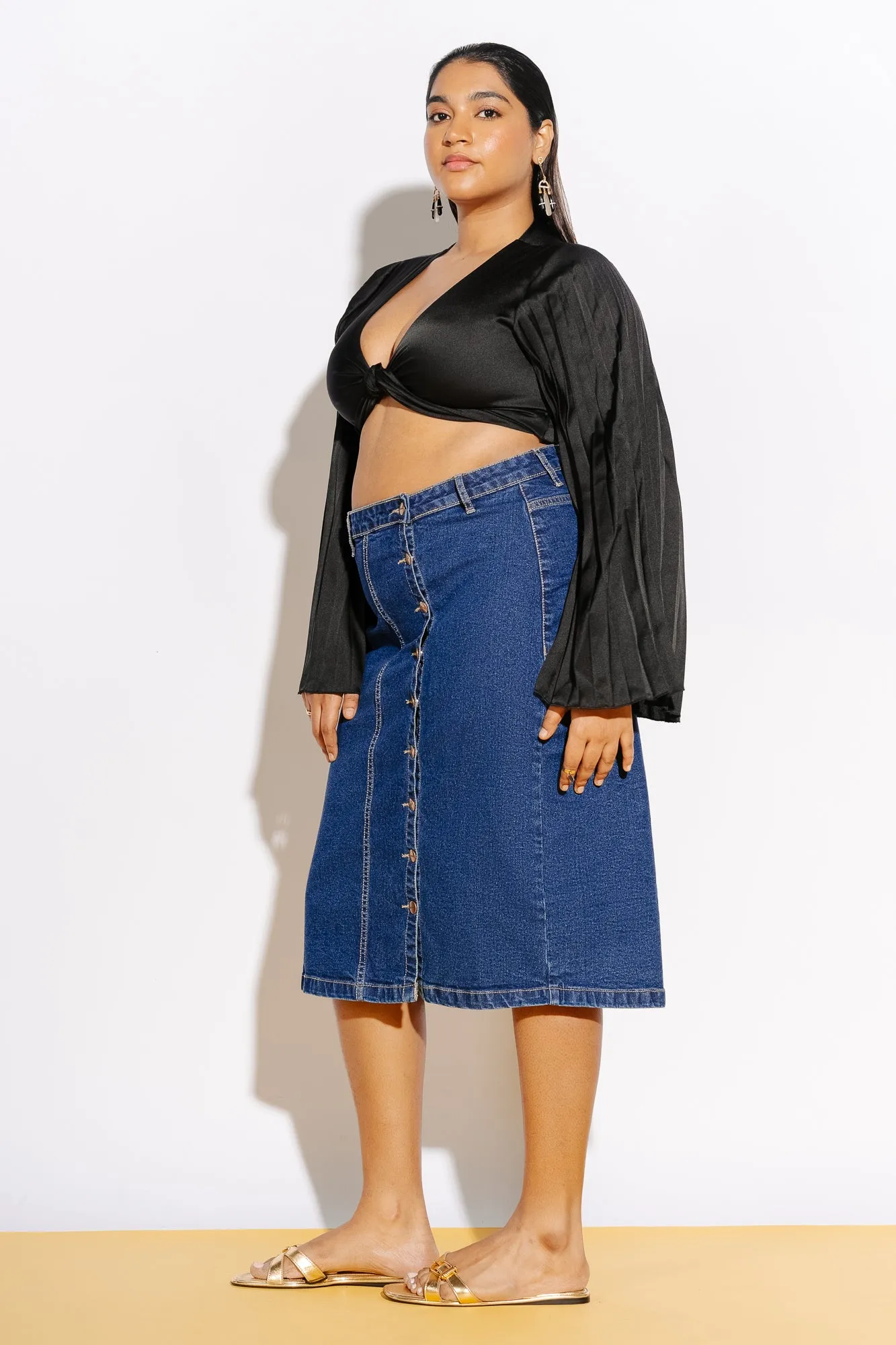 Indigo Denim Buttoned Curve Bodycon Skirt