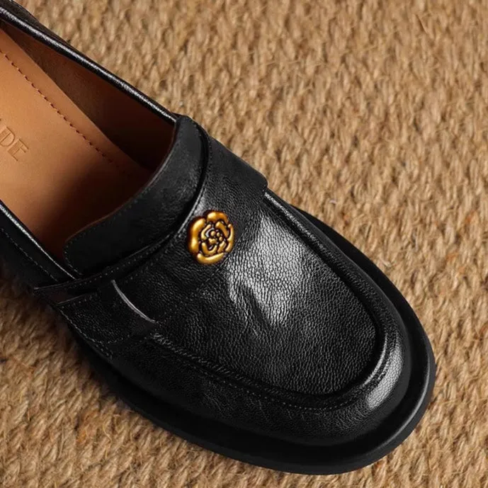 Ladies Camellia Vintage Genuine Leather Chunky Heel Loafers