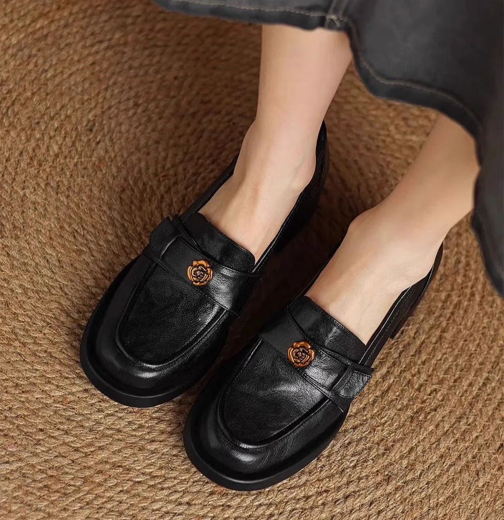 Ladies Camellia Vintage Genuine Leather Chunky Heel Loafers