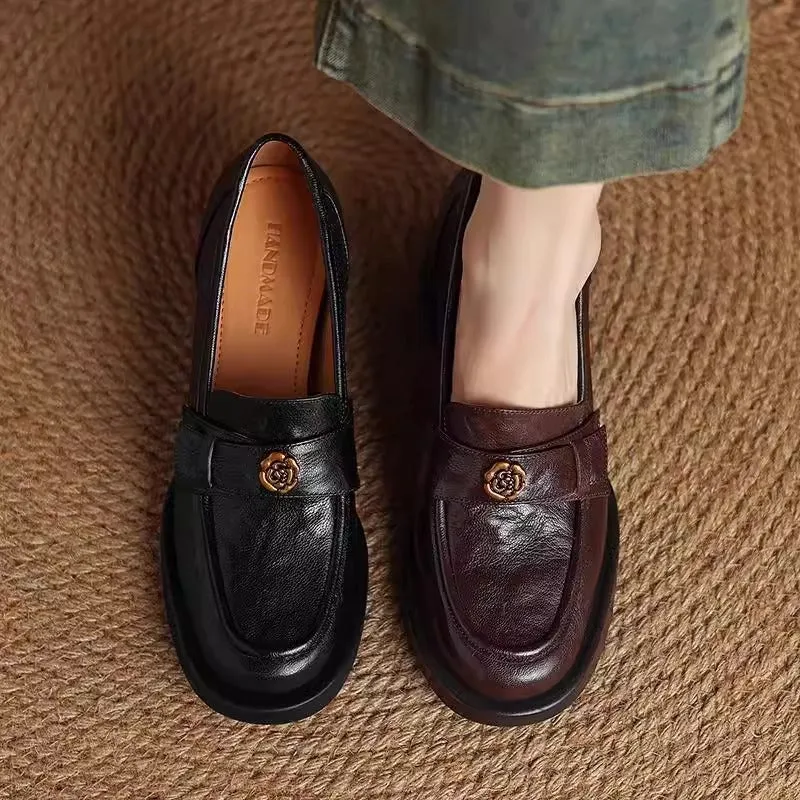 Ladies Camellia Vintage Genuine Leather Chunky Heel Loafers