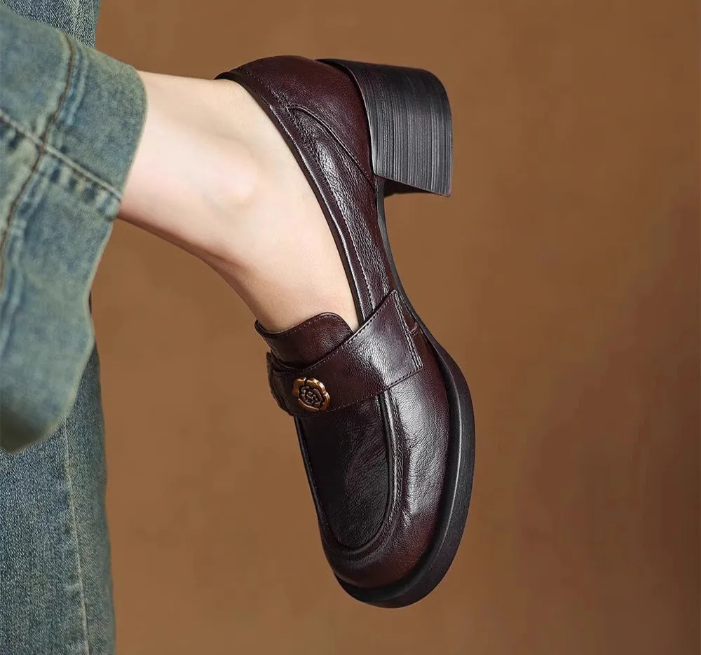 Ladies Camellia Vintage Genuine Leather Chunky Heel Loafers