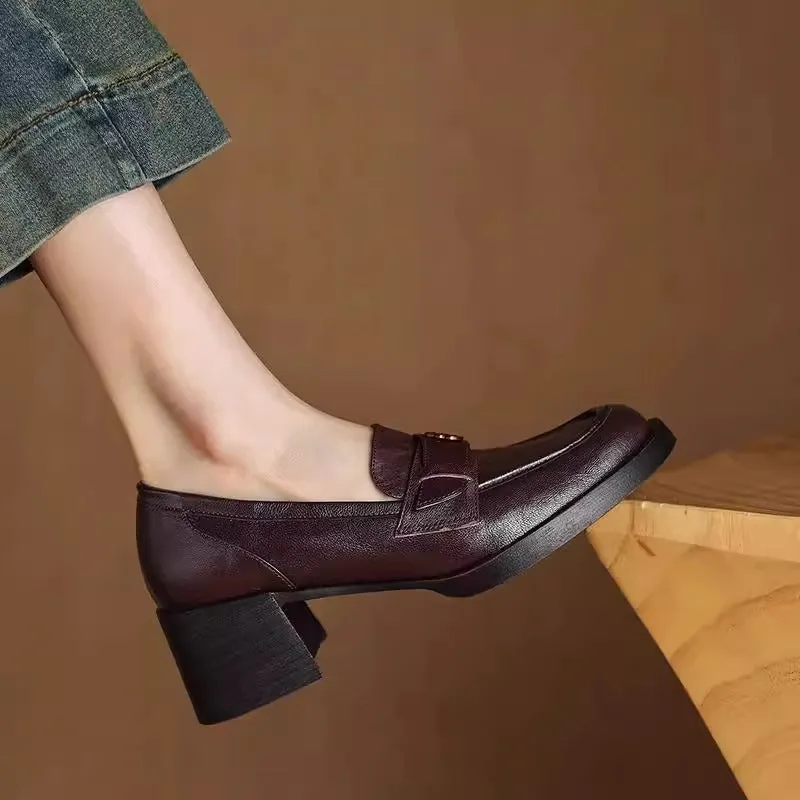 Ladies Camellia Vintage Genuine Leather Chunky Heel Loafers