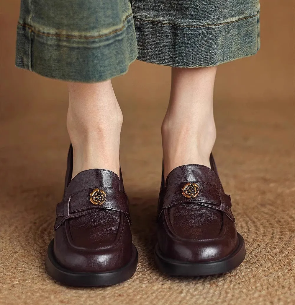 Ladies Camellia Vintage Genuine Leather Chunky Heel Loafers