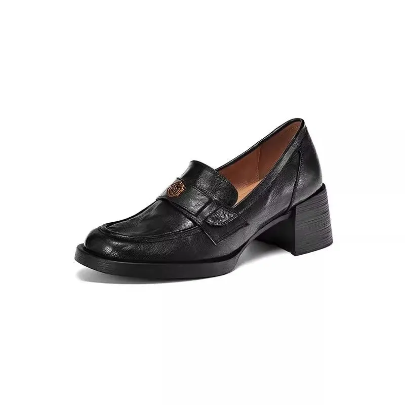 Ladies Camellia Vintage Genuine Leather Chunky Heel Loafers