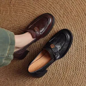 Ladies Camellia Vintage Genuine Leather Chunky Heel Loafers