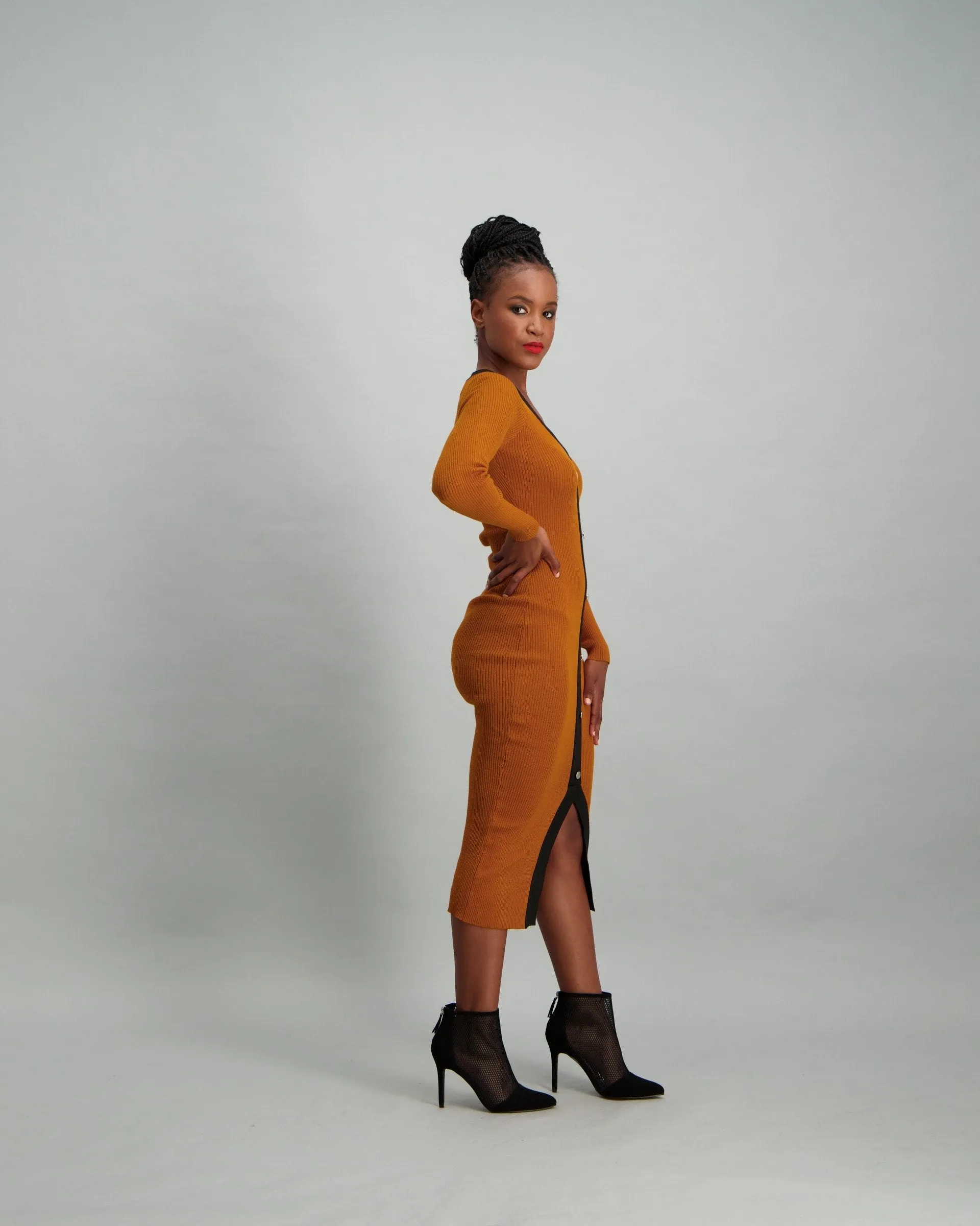 Ladies Contrast Button Front Knitwear Dress - Mustard
