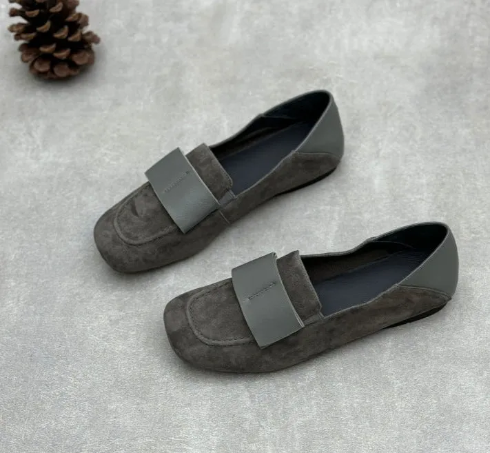 Ladies Elegant Vintage Soft Leather Suede Loafers with Wide Bow