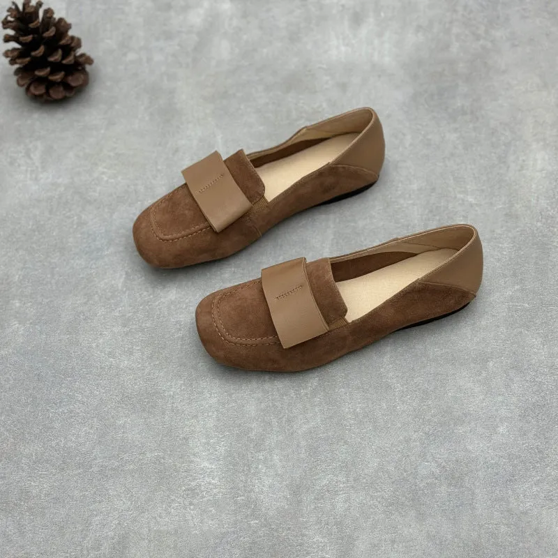 Ladies Elegant Vintage Soft Leather Suede Loafers with Wide Bow