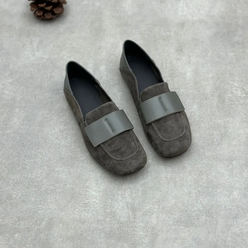 Ladies Elegant Vintage Soft Leather Suede Loafers with Wide Bow