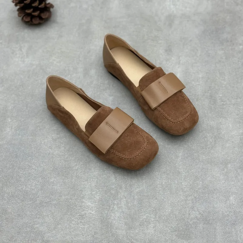 Ladies Elegant Vintage Soft Leather Suede Loafers with Wide Bow