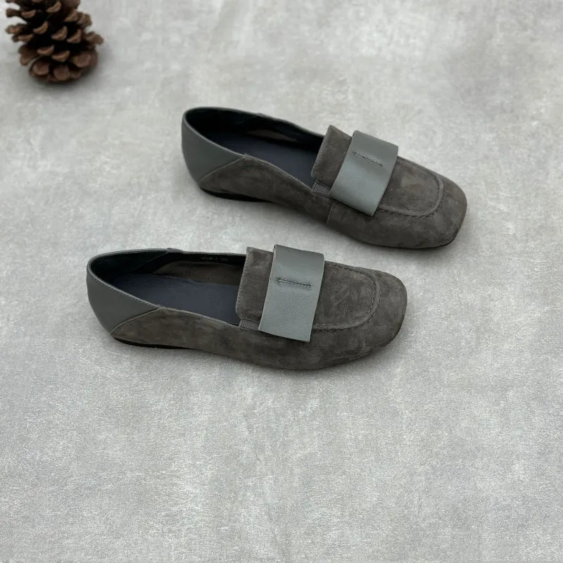 Ladies Elegant Vintage Soft Leather Suede Loafers with Wide Bow