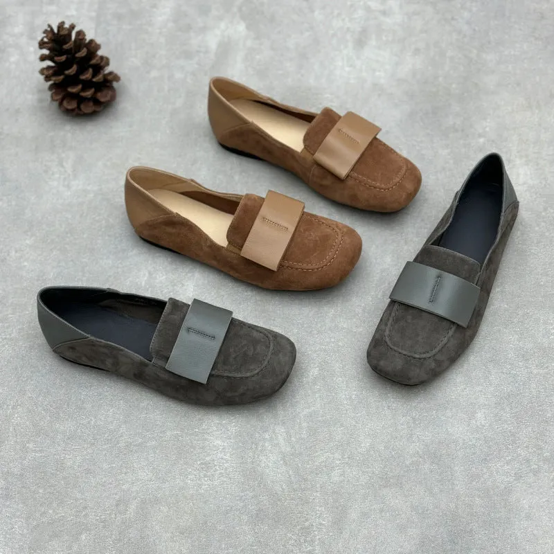 Ladies Elegant Vintage Soft Leather Suede Loafers with Wide Bow