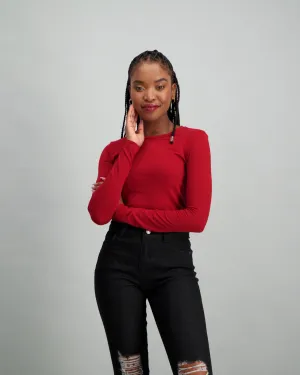 Ladies Long Sleeve Basic T-Shirt - Dark Red