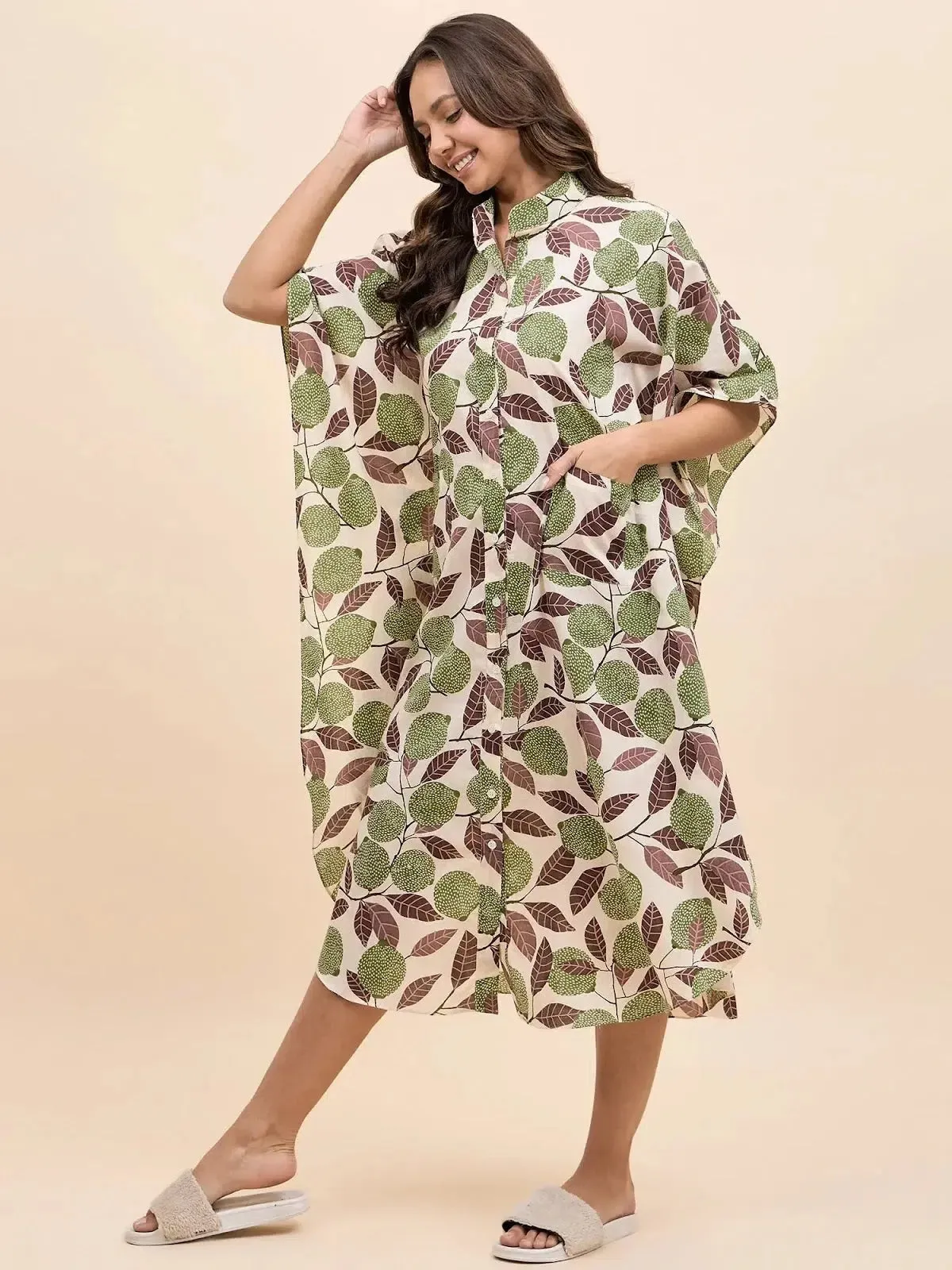 Long Kaftan Dress in Green Lemon Print
