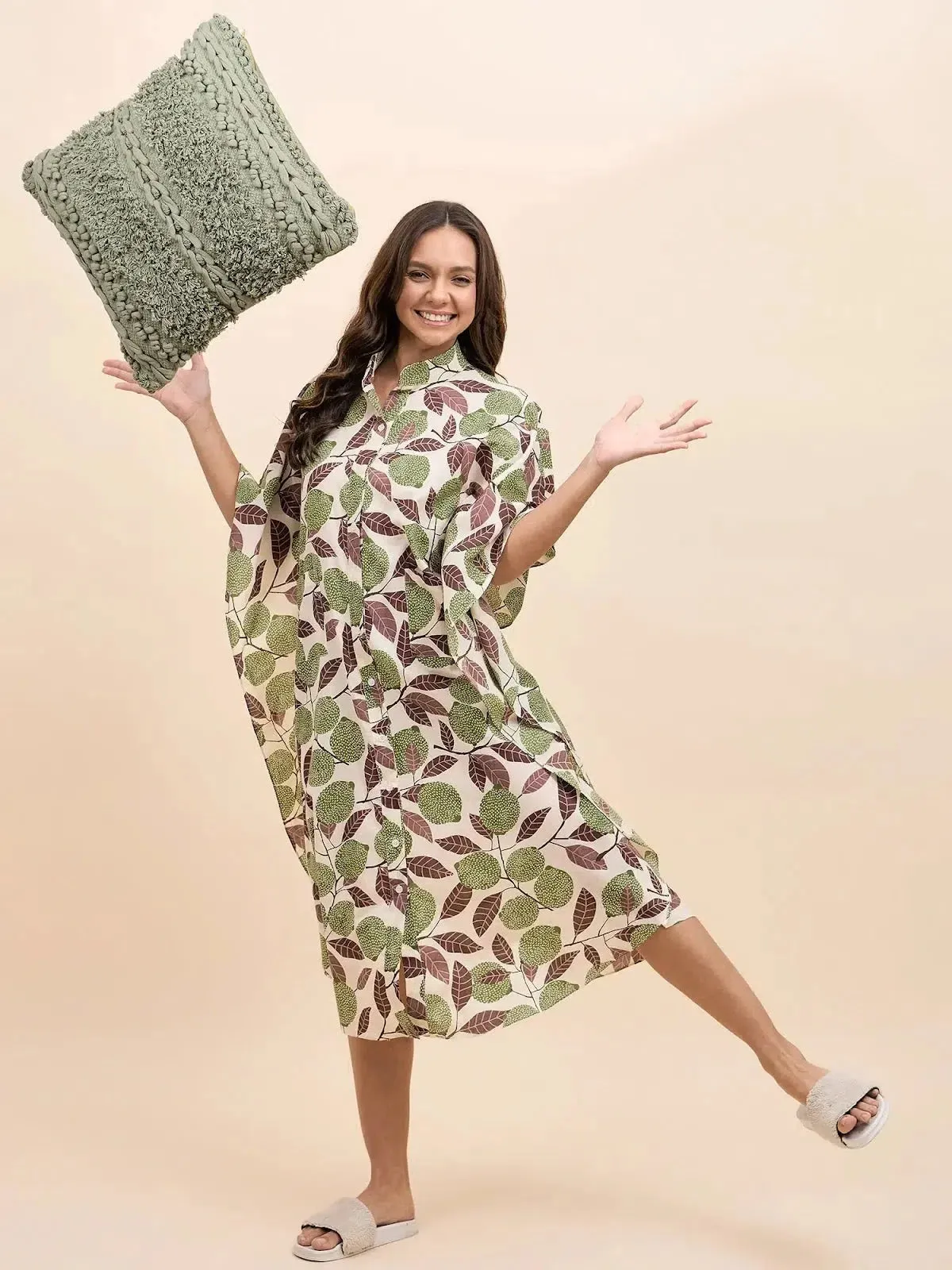 Long Kaftan Dress in Green Lemon Print