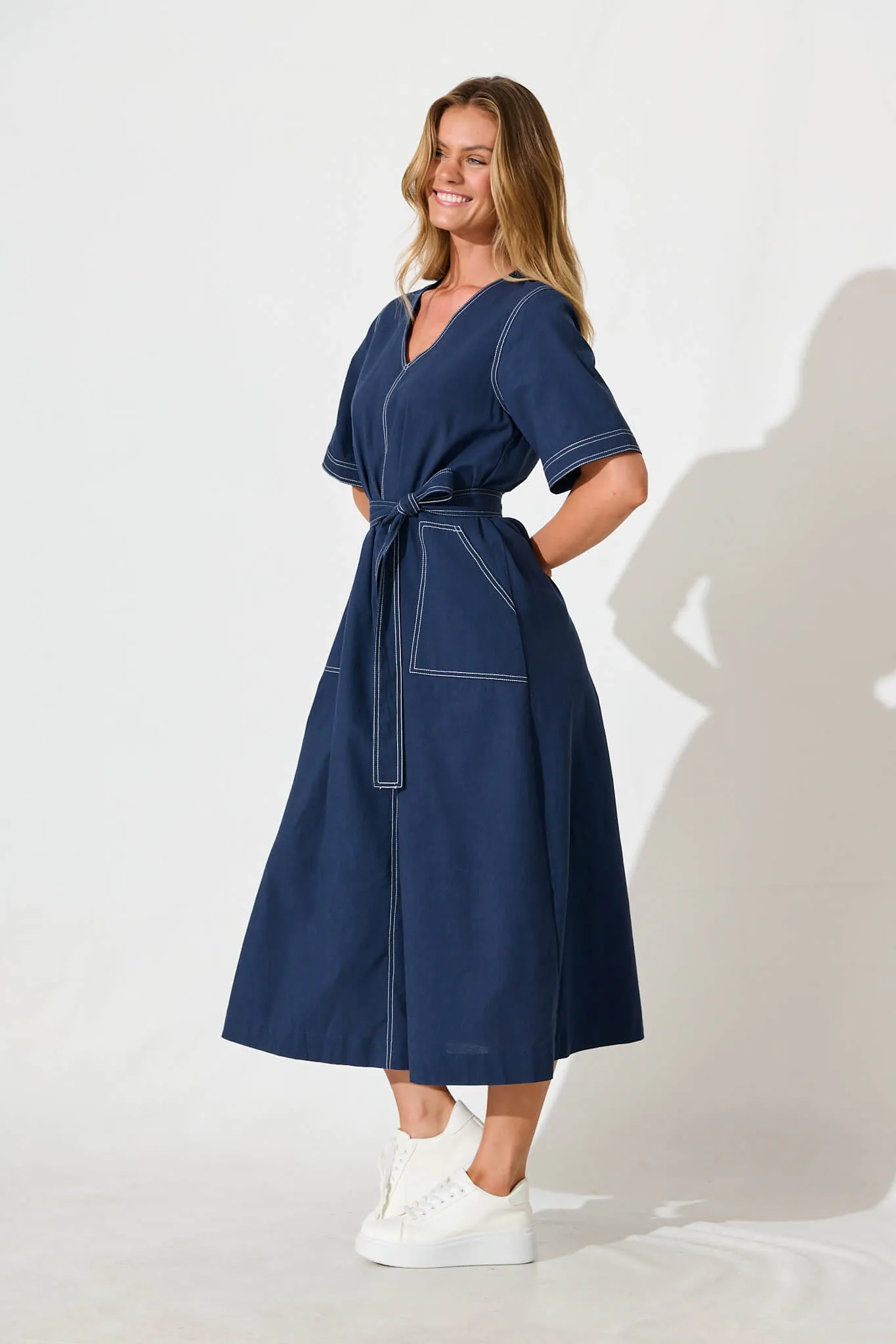 Navy Cotton Midi Dress by Rohini