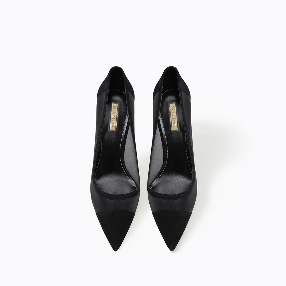 New leather black pointed toe dress sexy mesh breathable high heels