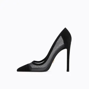New leather black pointed toe dress sexy mesh breathable high heels