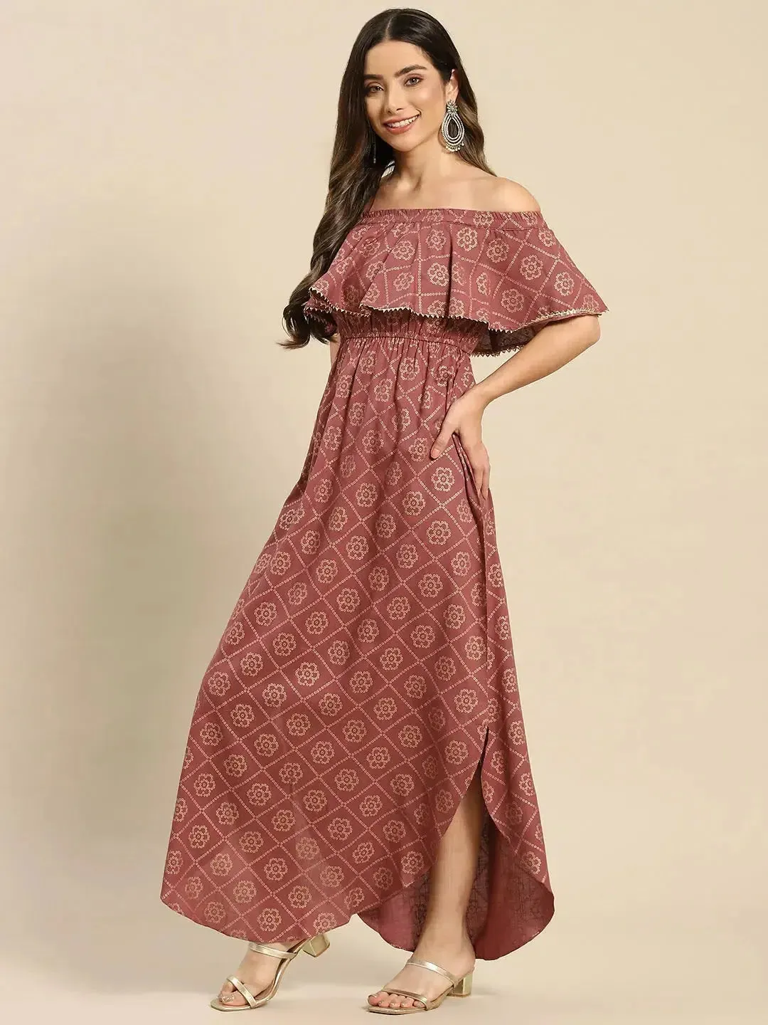 Off shoulder Flare yoke and U hem maxi dress in Rose Color