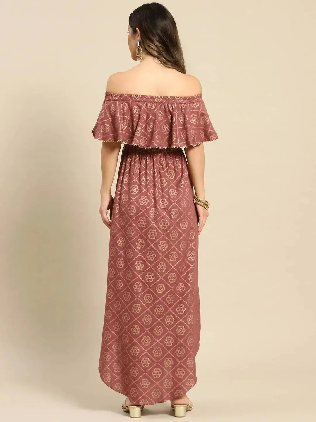 Off shoulder Flare yoke and U hem maxi dress in Rose Color