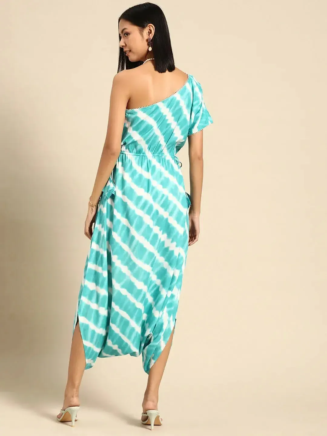 One Shoulder Dhoti Jumpsuit in Aqua Blue