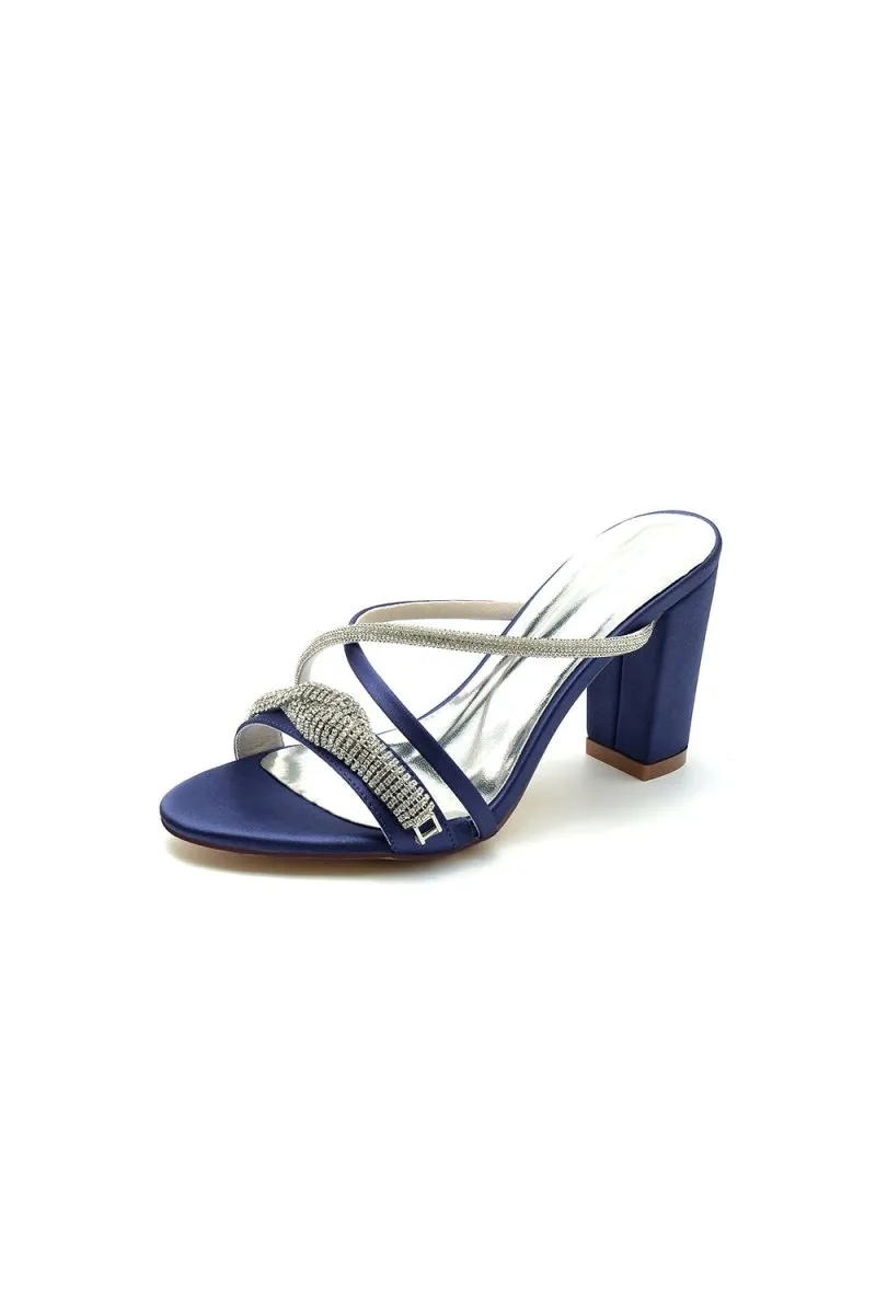 Open Toe Block Heels with Rhinestone