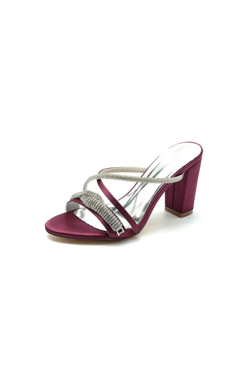 Open Toe Block Heels with Rhinestone