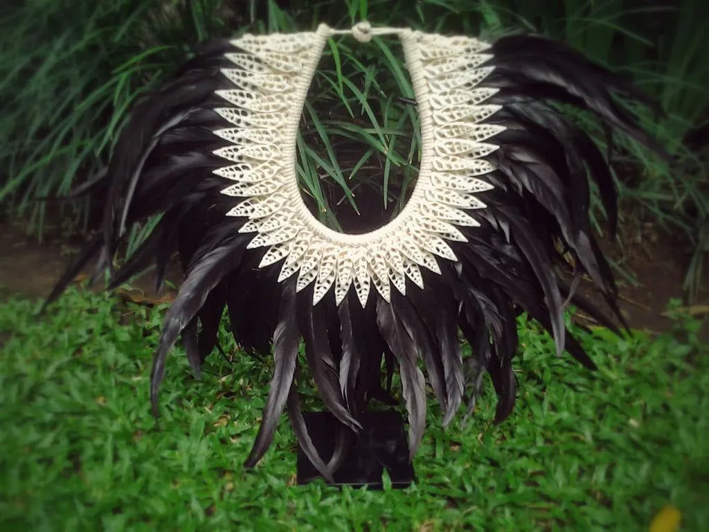 Papua Native Warrior necklace with Black Feathers and white shells