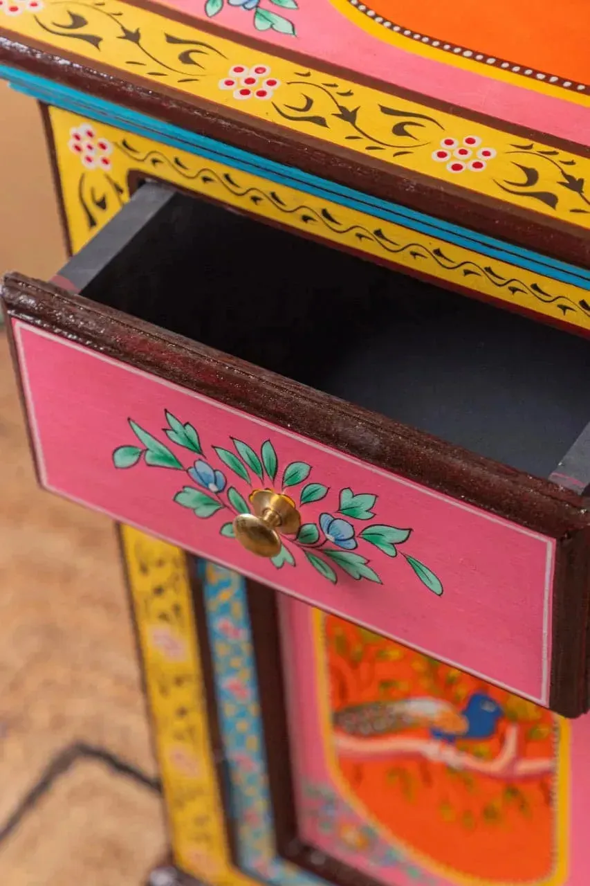 Peacock Floral Hand Painted Wooden Cabinet