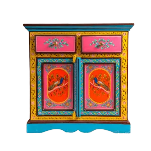 Peacock Floral Hand Painted Wooden Cabinet