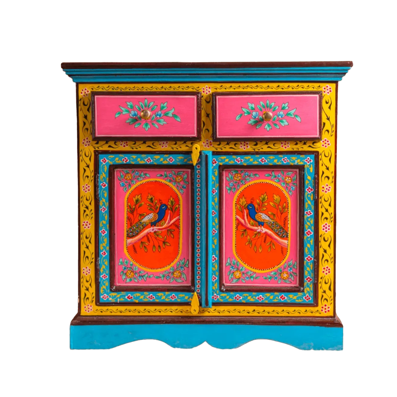 Peacock Floral Hand Painted Wooden Cabinet