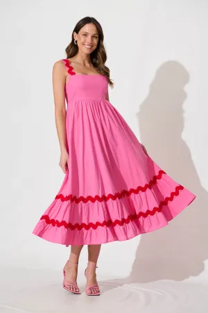 Pink Midi Sundress with Red Trim - Cotton