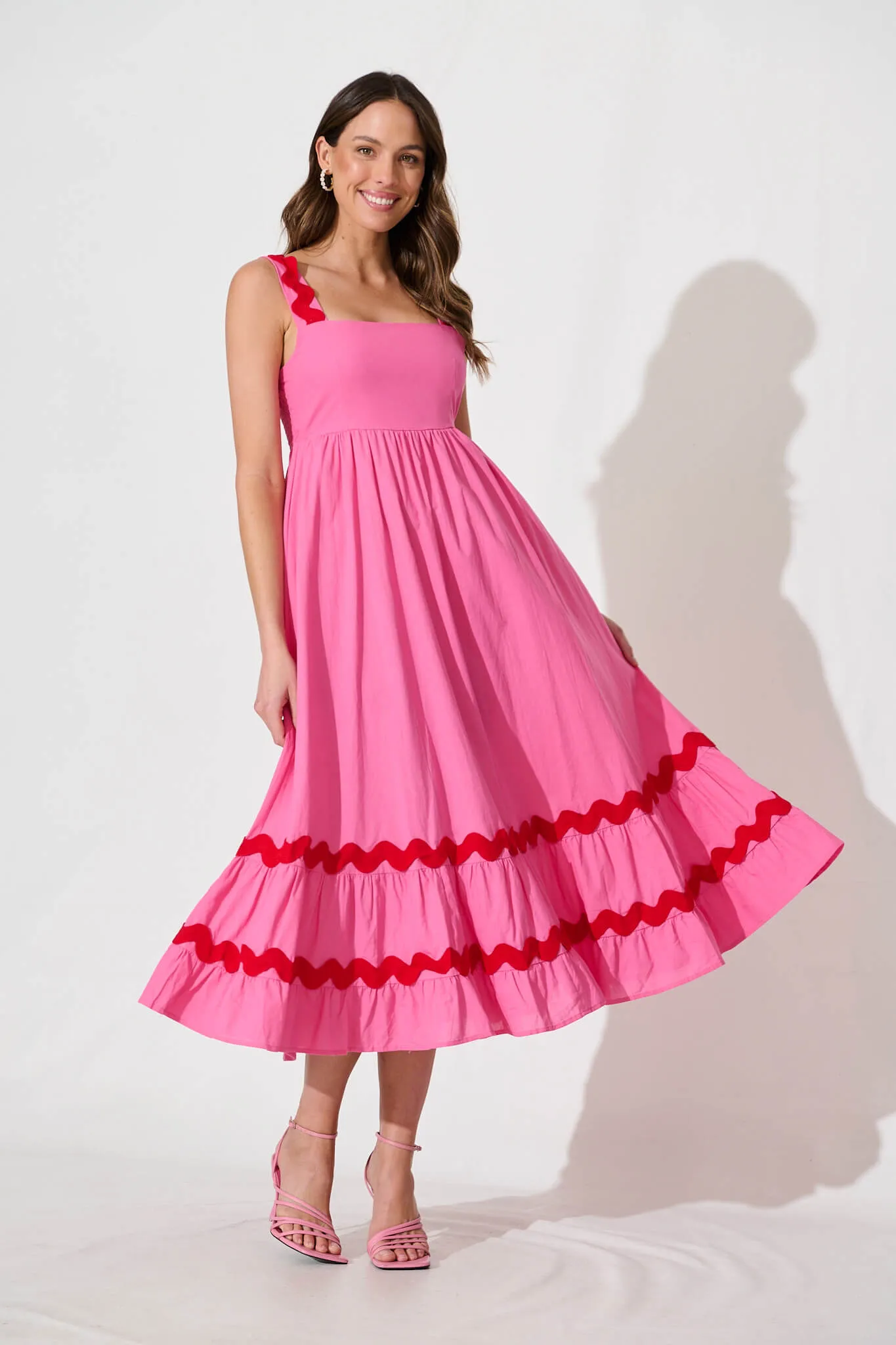 Pink Midi Sundress with Red Trim - Cotton