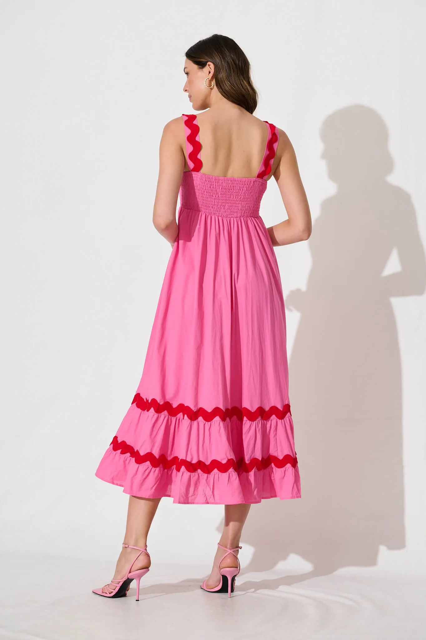 Pink Midi Sundress with Red Trim - Cotton