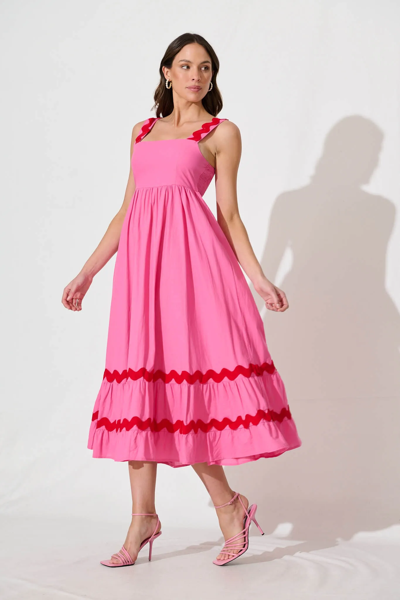 Pink Midi Sundress with Red Trim - Cotton