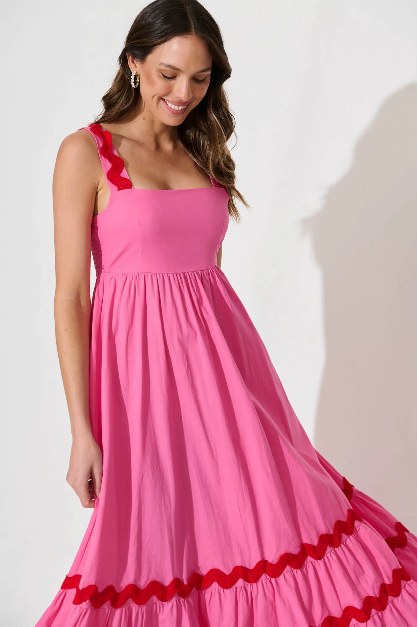 Pink Midi Sundress with Red Trim - Cotton