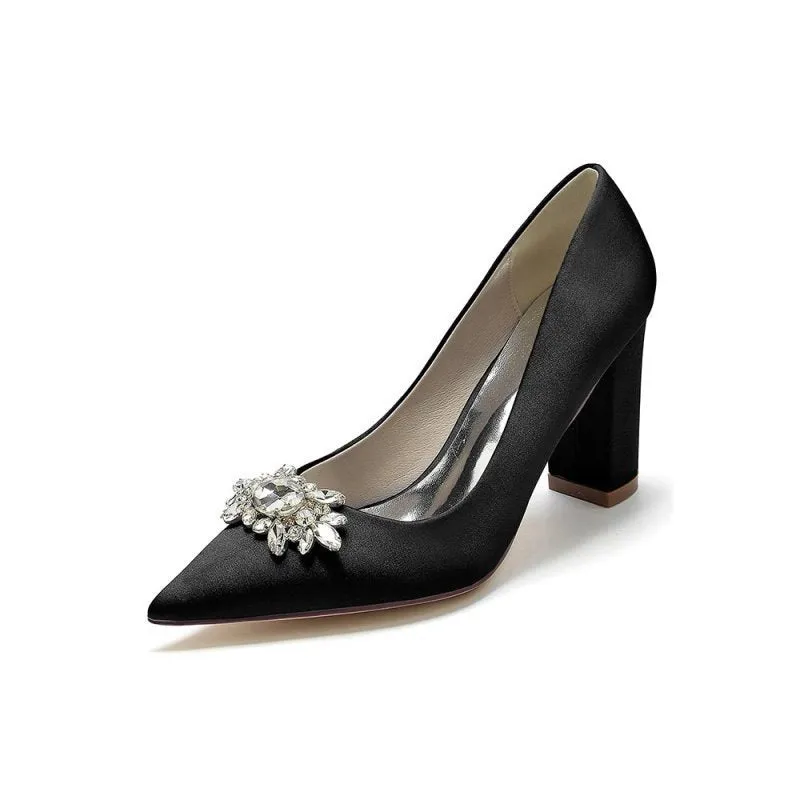 Pointed Toe Chunky Heels with Rhinestone