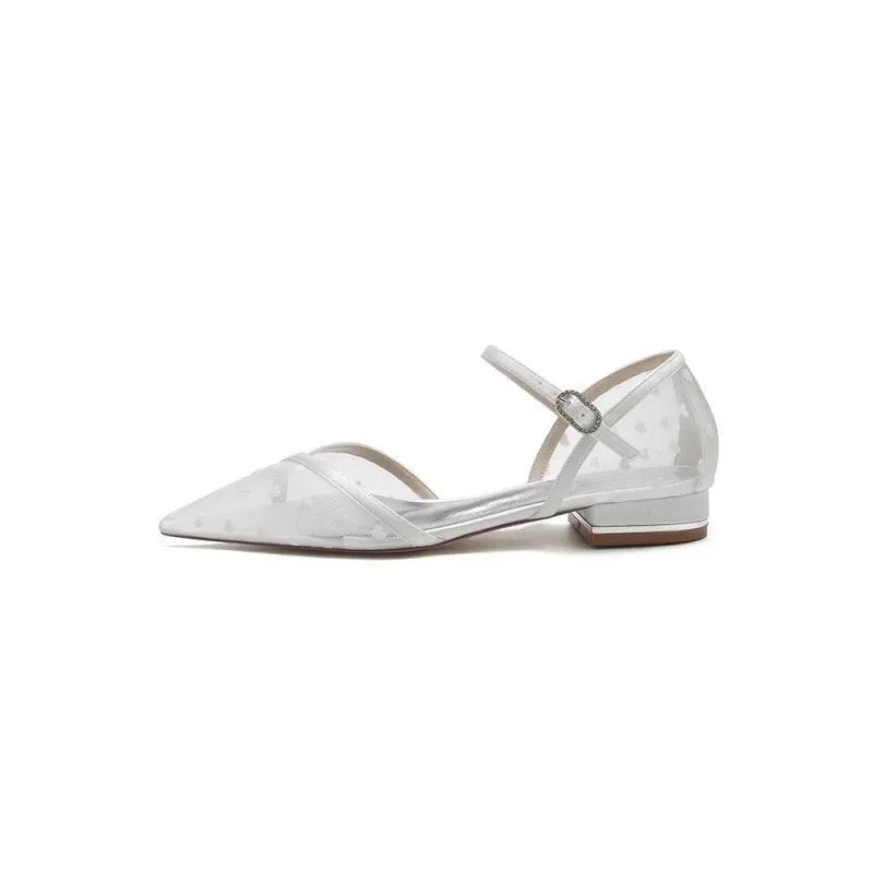 Pointed Toe Strap Buckle Mesh Low Heels