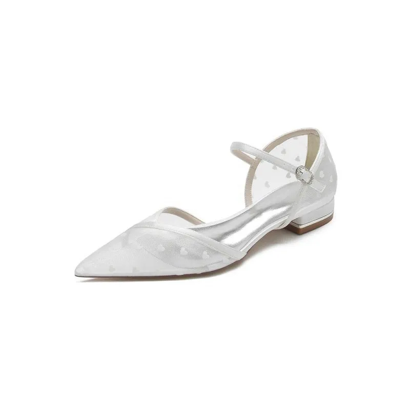 Pointed Toe Strap Buckle Mesh Low Heels