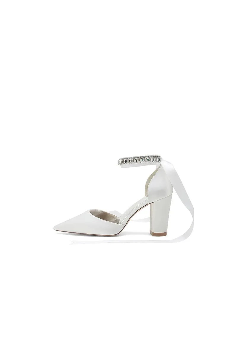 Rhinestone Ribbon Pointed Toe Ankle Strap Chunky Heel