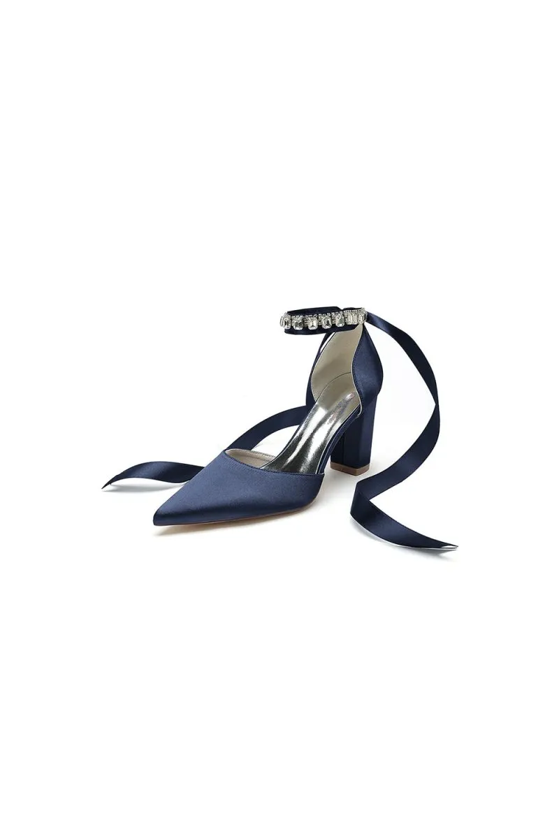 Rhinestone Ribbon Pointed Toe Ankle Strap Chunky Heel