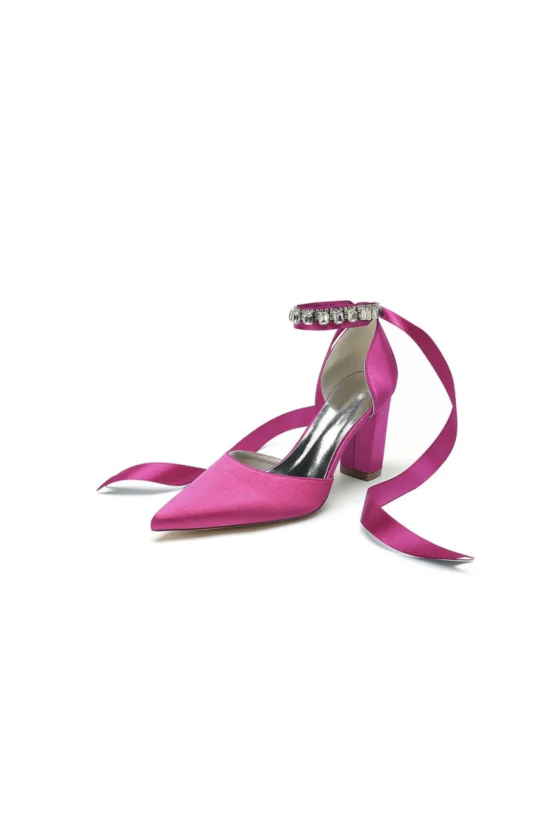 Rhinestone Ribbon Pointed Toe Ankle Strap Chunky Heel