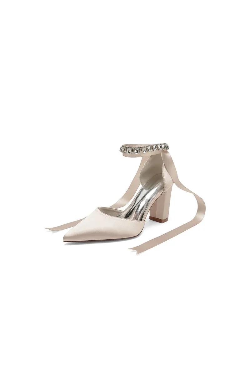 Rhinestone Ribbon Pointed Toe Ankle Strap Chunky Heel