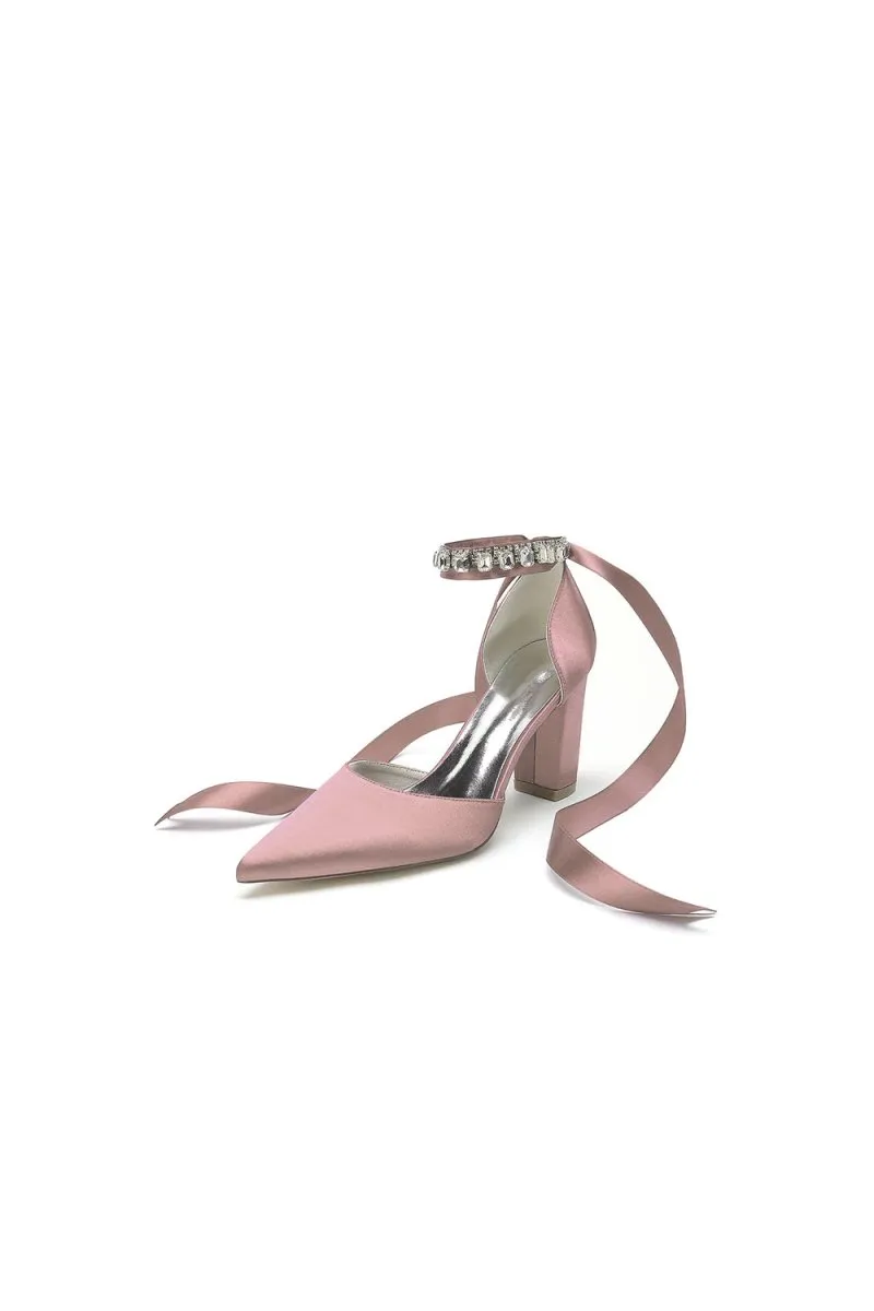 Rhinestone Ribbon Pointed Toe Ankle Strap Chunky Heel