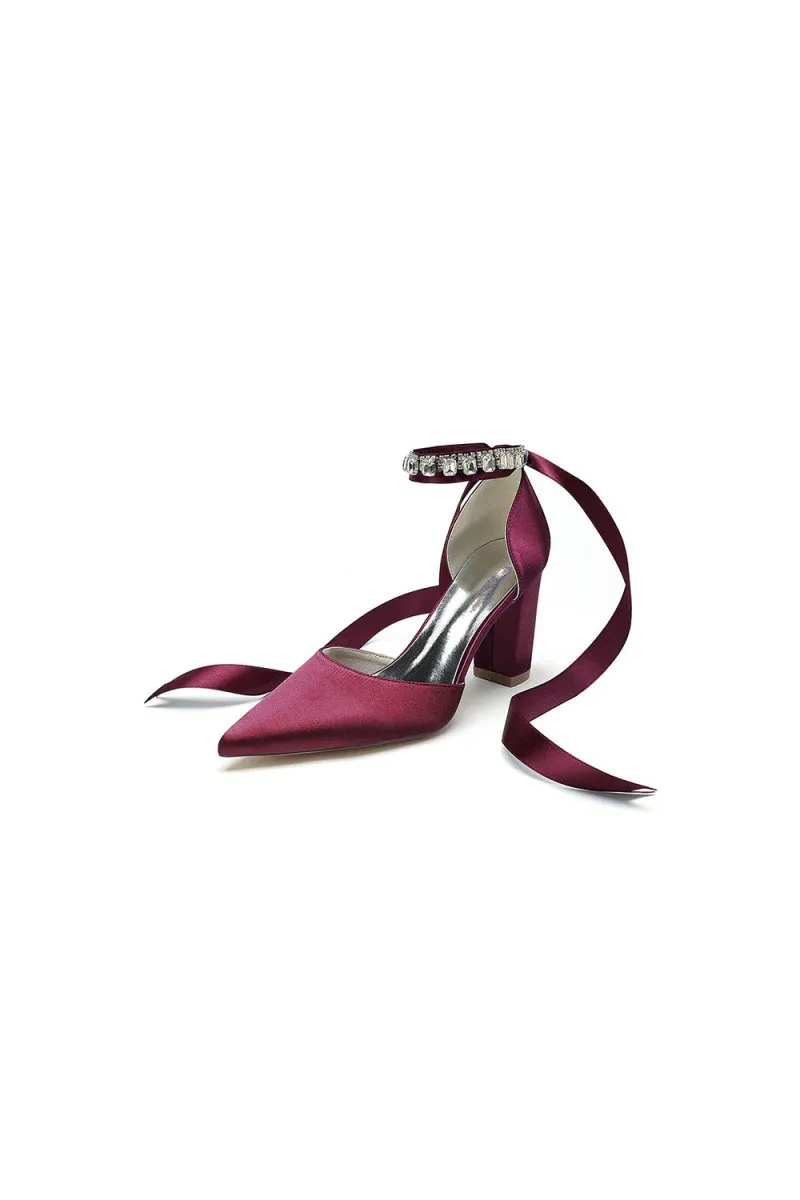 Rhinestone Ribbon Pointed Toe Ankle Strap Chunky Heel